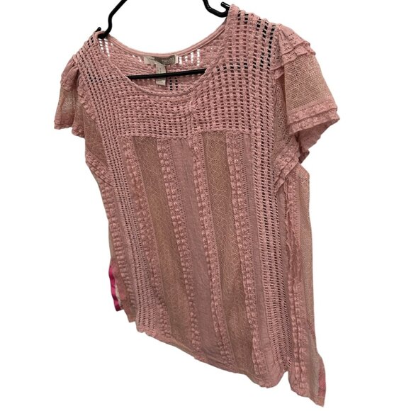 Forever 21 Pink Sheer Cap Sleeve Baby Doll Lace Knit Textured Top Sz Medium - Picture 3 of 9